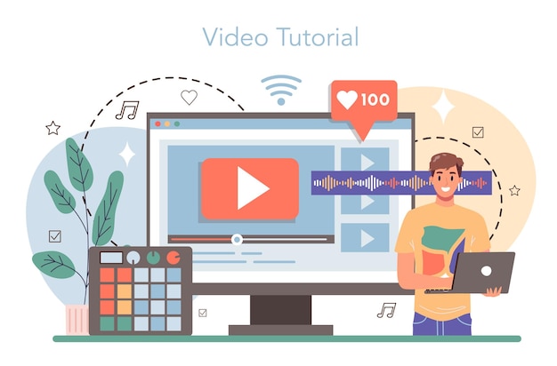 Sound engineer online service or platform Music production industry sound recording with a studio equipment Video tutorial Vector flat illustration