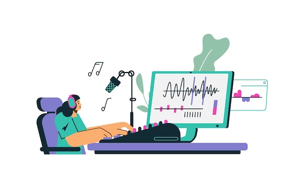 Sound engineer or designer working on sound track flat vector isolated