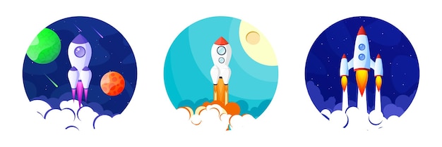 Space futuristic modern colorful background with rocket Starship spaceship in night sky Solar system galaxy and universe exploration Vector illustration