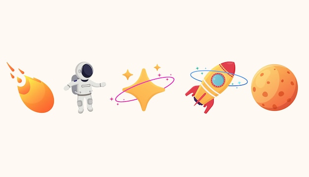 Space objects in cartoon style comet asteroid comet star with ring astronaut in space suit