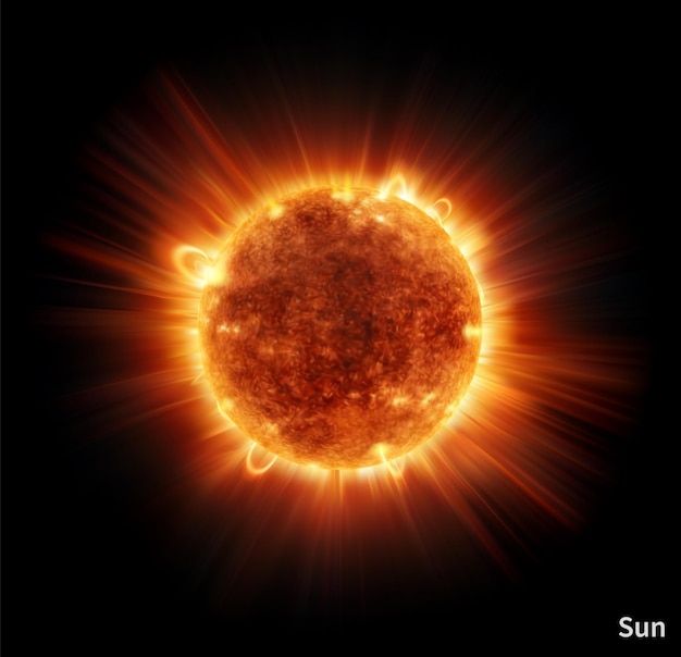 Space planet Sun surface Cosmic sphere Astronomy science Galaxy exploration Flame explosion Fire burst ball Planetary view from satellite Solar system Vector planetarium poster
