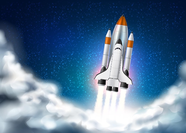 Space shuttle takeoff with fire from engines on night star sky with clouds background