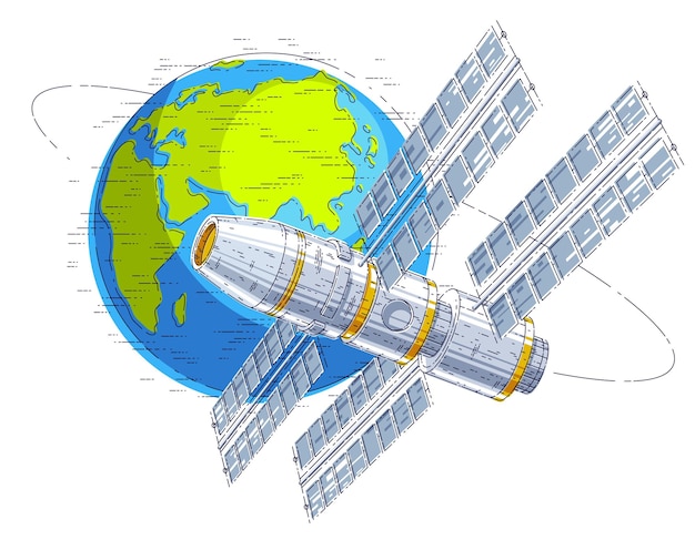 space station orbiting around earth, spaceflight, spacecraft spaceship iss with solar panels, artificial satellite. thin line 3d vector illustration.