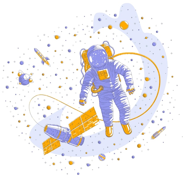 Spaceman flying in open space connected to space station, astronaut man or woman floating in cosmos and iss spacecraft surrounded by rockets, stars and other elements. Vector illustration isolated.