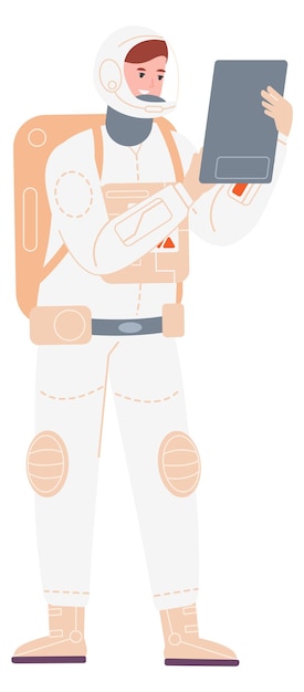 spaceman with tablet futuristic space engineer in spacesuit