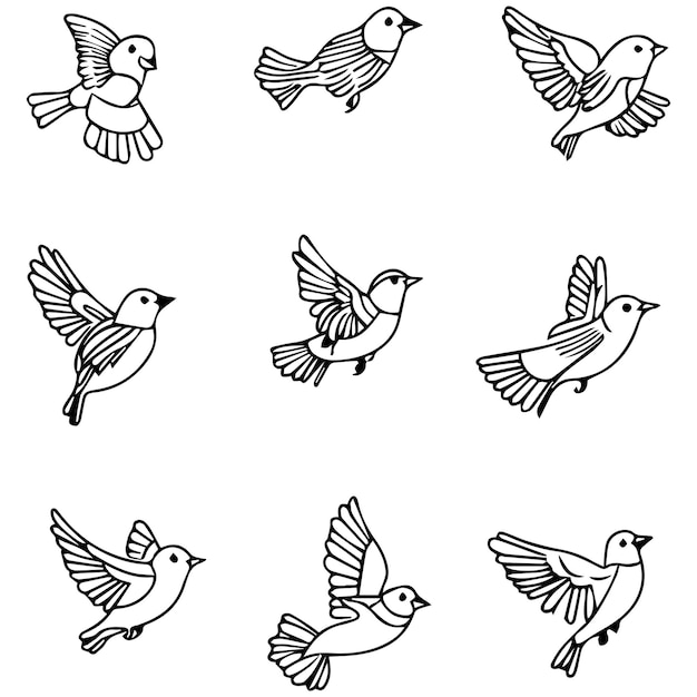 Sparrow birds set flying line icons vector