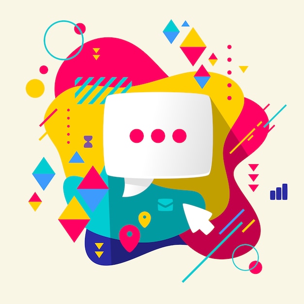 speech bubble on abstract colorful spotted background with different elements.