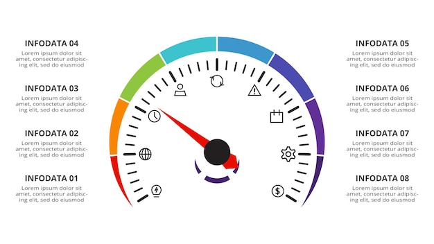 speedometer infographic with 8 elements template for web business presentations vector illustration business data visualization