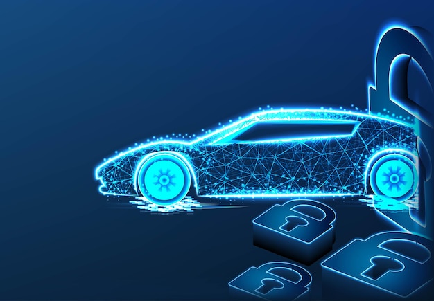 sport car and padlock security concept form lines and triangles point connecting network on blue background  vector illustration