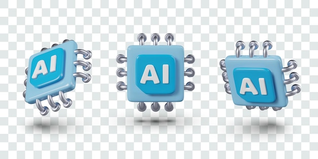 Square blue CPU with AI label Vector realistic object in different positions