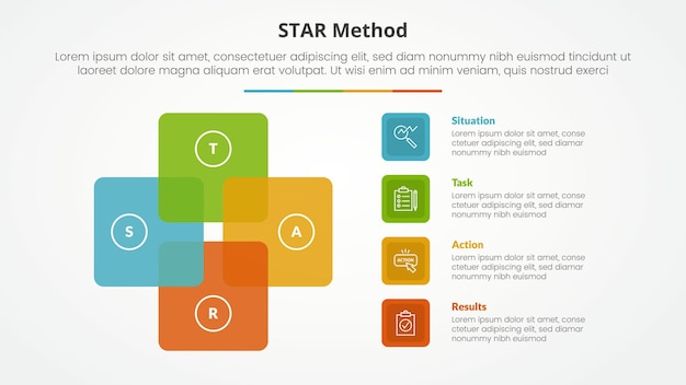 star method infographic concept for slide presentation with square cycle circular with 4 point list with flat style