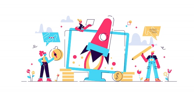 start up, concept for web page, banner, presentation, social media, documents, cards, posters. illustrationteam working on spaceship launch startup, business people working