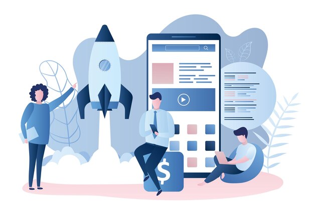 Startup project rocket take off teamwork and big mobile phone with application app development