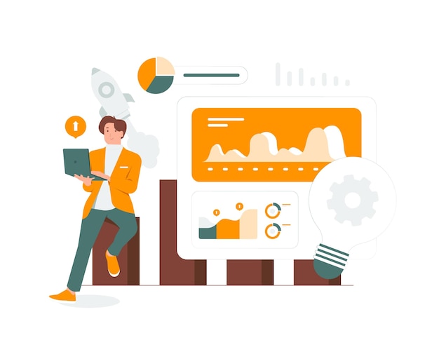 statistical analysis business finance businessman sitting next chart to analyzing growth site stats data inform statistics monitoring financial reports and investments concept illustration