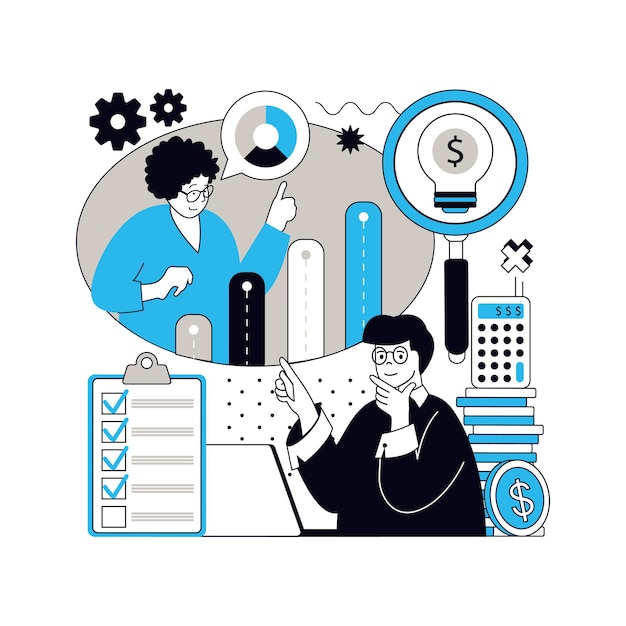 Statistics and analytics concept for modern web design People magnifying and analyzing datum results working with data at bar charts and graphs using checklists and reports Vector illustration