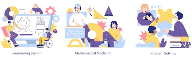 Stem education set illustration portrays engineering design mathematical modeling and problemsolving