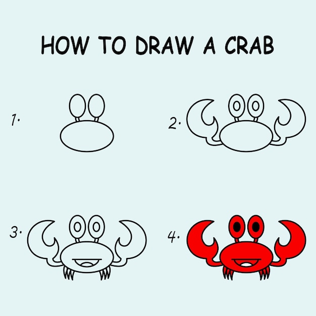 Step by step to draw a Crab Drawing tutorial a Crab Drawing lesson for children