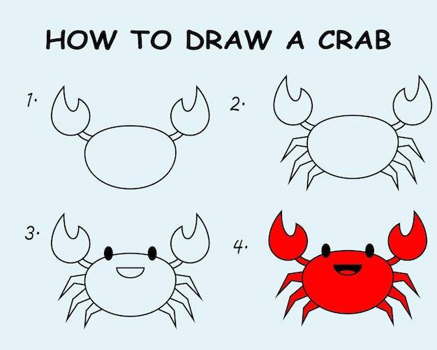 Step by step to draw a Crab Drawing tutorial a Crab Drawing lesson for children