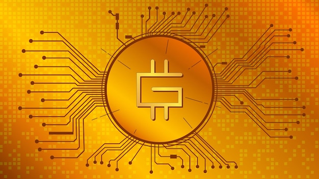 Stepn GMT cryptocurrency token symbol in circle with PCB tracks on gold background Digital currency coin icon in techno style for website or banner