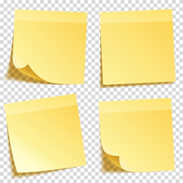 Sticky note with shadow isolated on transparent background set yellow paper message on notepaper