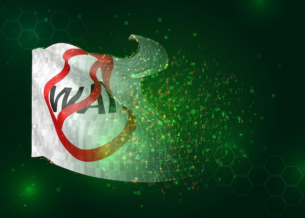 Stop war on vector 3d flag on green background with polygons and data numbers