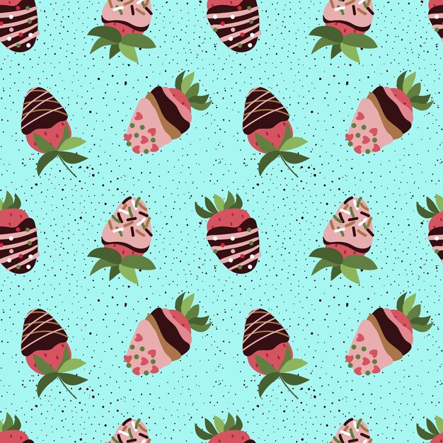 Strawberry in chocolate glaze sprinkle on blue background Seamless repeat pattern Vector flat