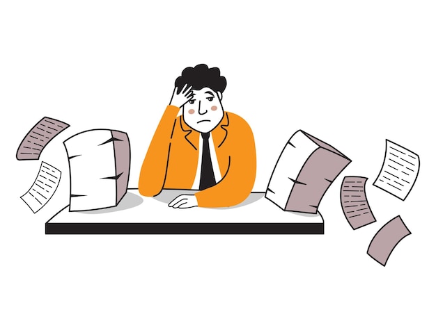 Stressful busy young man workload at work Stressful paperwork blockage at work in the office Sad man
