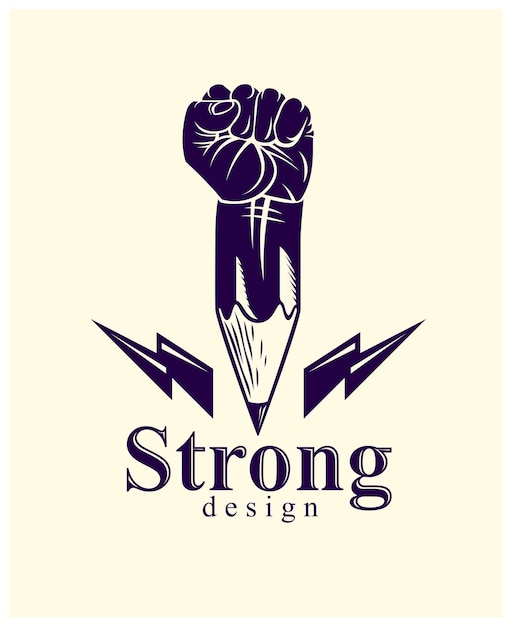 strong design or art power concept shown as a pencil with clenched fist combined into symbol, vector logo or creative conceptual icon for designer or studio, science research.