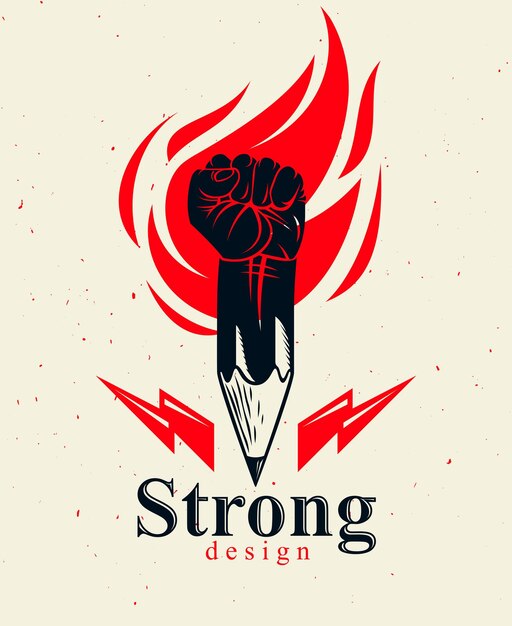strong design or art power concept shown as a pencil with clenched fist combined into symbol with fire flame, vector logo or creative conceptual icon for designer or studio, science research.
