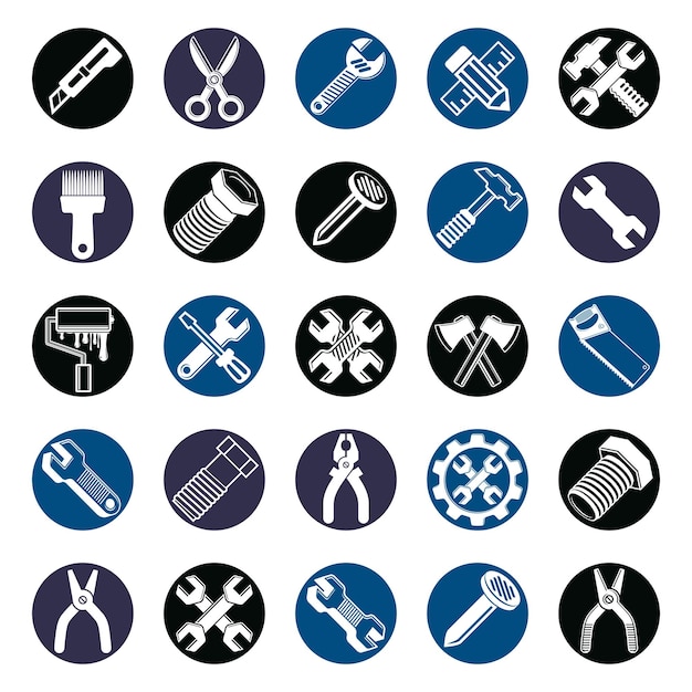 stylized industrial icons, 3d work tools collection. set of repair instruments, manufacturing and construction utensil.