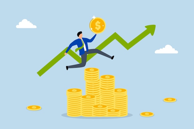 Success investing wealthy businessman leaps atop a pile of coins with an upward trend chart