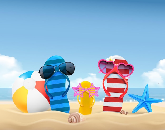 Summer composition with colorful family thong sandals sunglasses ball on beach realistic