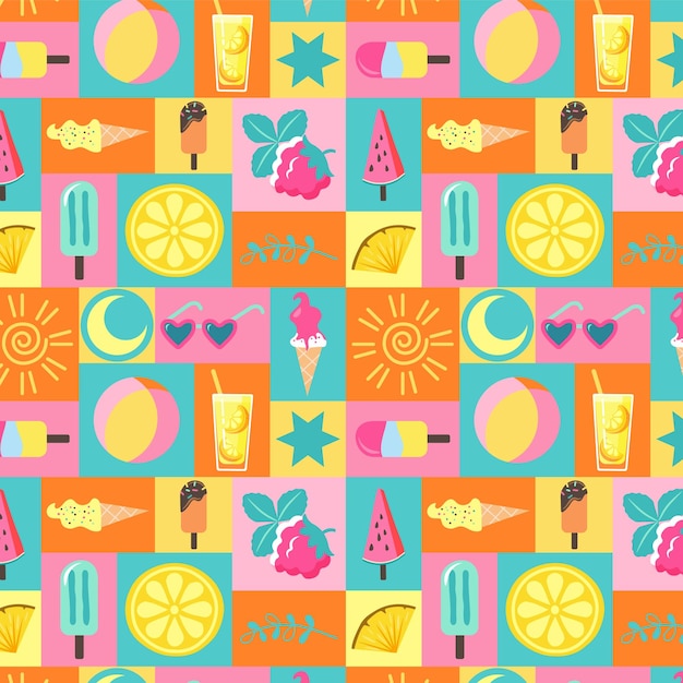 summer seamless pattern of colorful rectangles with different fruits and ice creams