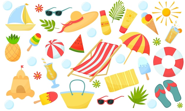 Summer set with cute bright beach elements hammock flipflops fruit flowers ball sunscreen