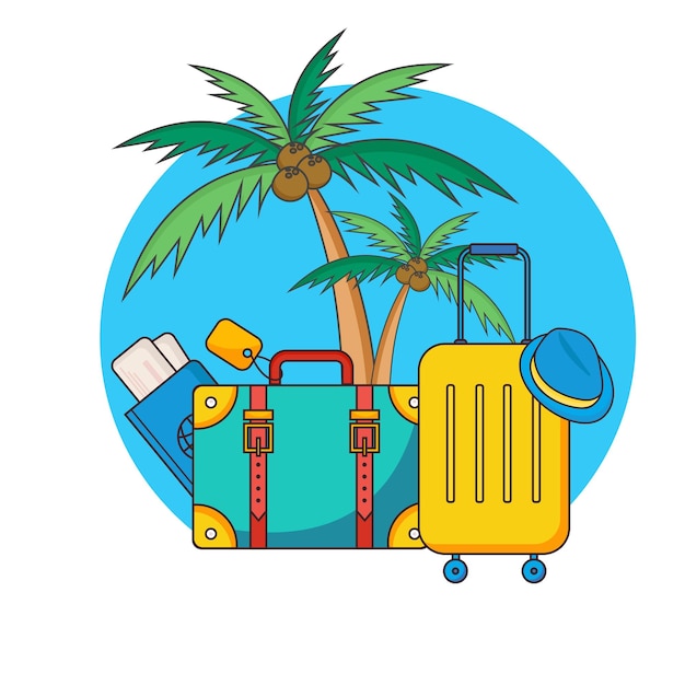 summer travel background set with suitcase ticket passport and palm tree vector illustration