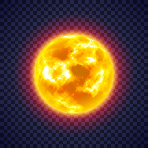 Sun with corona atmosphere on transparent background Hot star of solar system Galaxy discovery and exploration Realistic cosmic vector illustration for design school education materials