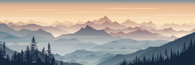 Sunrise in the mountains misty silhouettes of ridges forest in the fog illustration