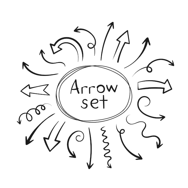 Super set different hand-drawn arrows, vector graphic design.