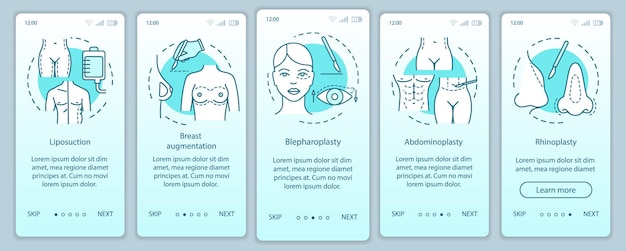 Surgical body sculpting onboarding mobile app page screen vector template. Abdominoplasty. Walkthrough website steps with linear illustrations. UX, UI, GUI smartphone interface concept