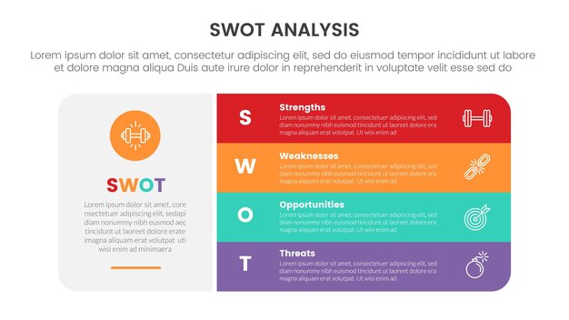 swot analysis concept infographic template banner with big round box and vertical stack point with 4 point list information