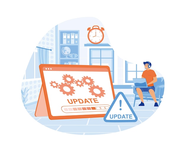 System update The programmer behind the computer screen flat vector modern illustration
