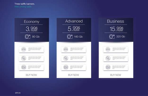 Table price for hosting, for the tariffs and price lists. Web elements.