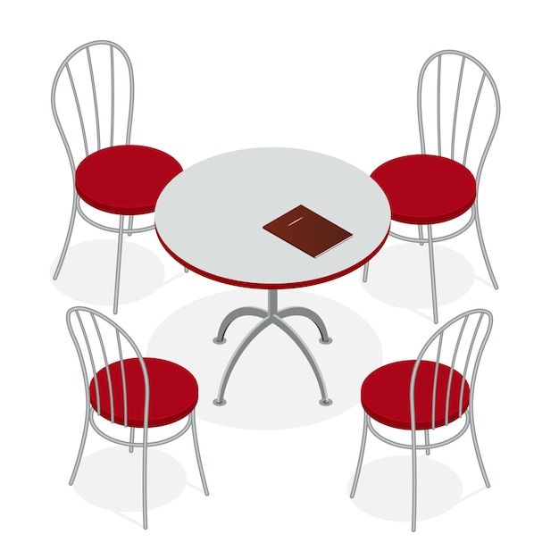 Table with chairs for cafes. Modern table and chairs on white background. Flat 3d isometric vector illustration