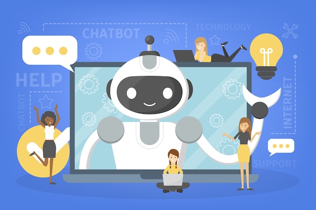 Talking to a chatbot online on laptop computer. Communication with a chat bot. Customer service and support. Artificial intelligence concept.    illustration