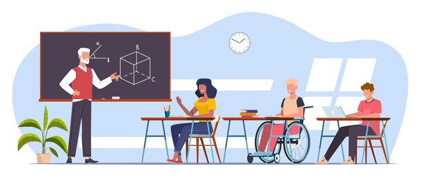 Teacher and diverse children learn in classroom child with disability learns while sitting in wheelchair Cartoon flat style isolated characters Normal student life vector concept