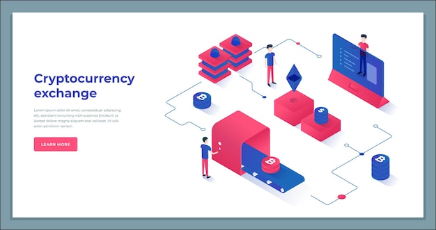 Team modern employee business virtual financial currency transaction processing isometric landing page vector illustration Cryptocurrency exchange monitoring banking cryptography transfer