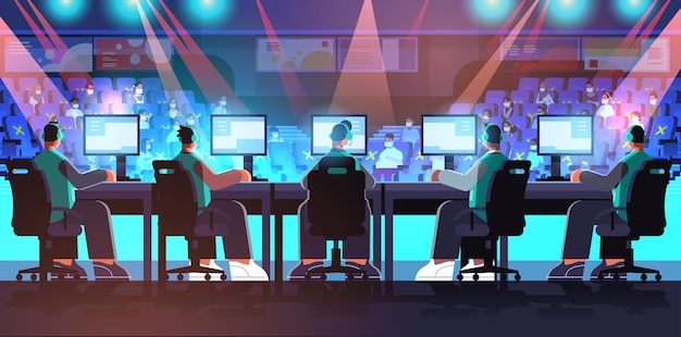 team of professional virtual gamers playing online video games on e-sport arena competition tournament concept men in headphones sitting in front of monitors full length horizontal vector illustration