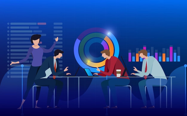 Team of specialists working on digital marketing strategy digital analysis profit concept blue