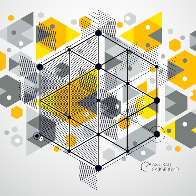 Technical blueprint, vector yellow digital background with geometric design elements, cubes. Engineering technological wallpaper made with honeycombs.