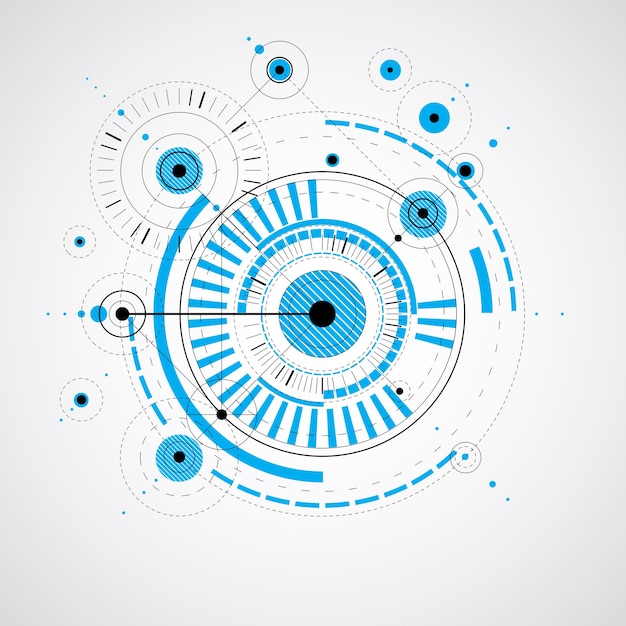 Technical drawing made using dashed lines and geometric circles. Blue vector wallpaper created in communications technology style, engine design.